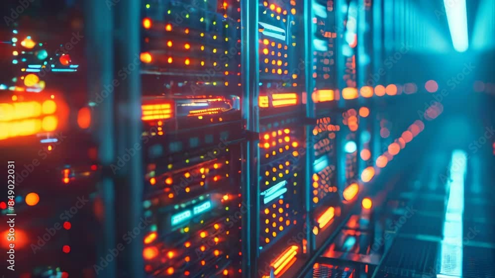 Poster data center with a row of computer servers. abstract generic concept of cyberspace, communication an