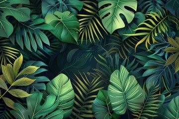 Leaves of tropical plants, green natural background. 