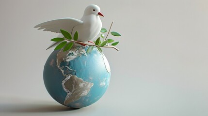 A dove perched on a globe, holding an olive branch in its beak. Represents peace and unity after the horrors of the slave trade. 3D cartoon illustration with a white background.
