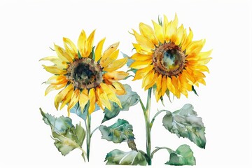 Obraz premium Sunflowers on a white isolated background, watercolor illustration. Yellow flowers. 