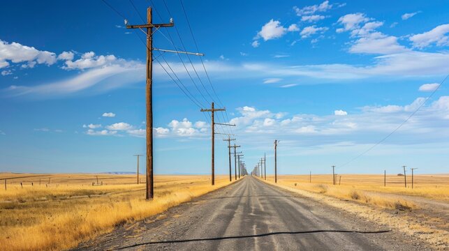 A row of telephone poles stretching into the distance along a rural road, with blue skies overhead.