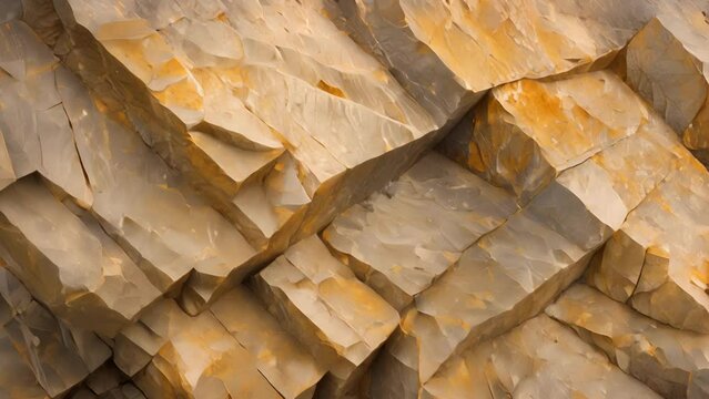 The sharp angles and deep sharp grooves of chiseled stone giving it a dramatic and imposing presence.