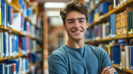 Obraz premium Smiling young man student in college library