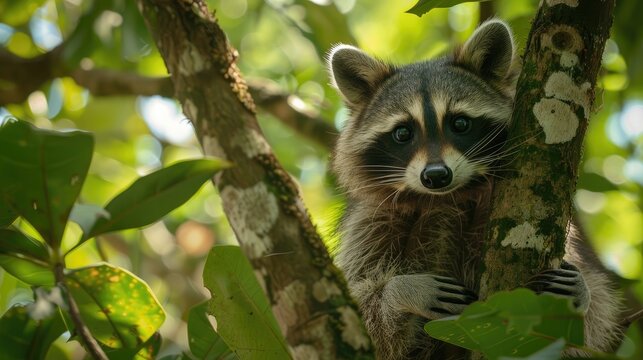 Close up portrait of a raccoon in its natural habitat at Guadeloupe au Parc des Mamelles in the Caribbean French Antilles