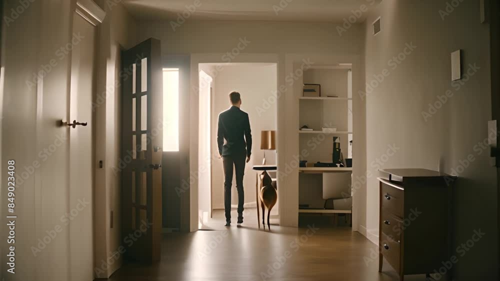 Poster man and dog entering a modern home generative ai