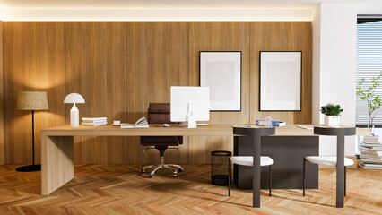 modern living room with table, living room interior, modern living room, individual workspace, empty frames on wooden wall, empty frame, office concept, business space, office with wooden design