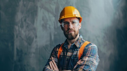 A male construction worker in a hard hat and goggles against the background of a concrete wall in a building under construction.