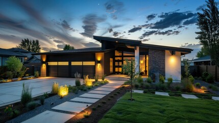 Obraz premium Beautiful modern farmhouse style luxury home exterior at twilight.
