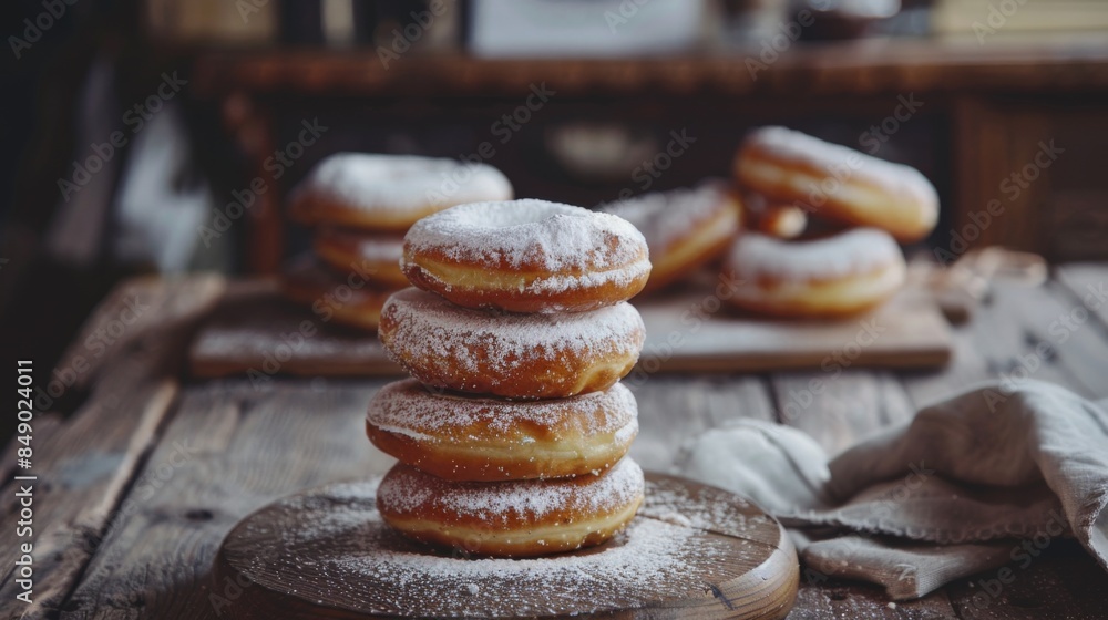 Poster A stack of powdered sugar donuts on a rustic wooden table, perfect for a cozy brunch setting.