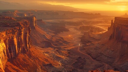 Aerial view of canyon at sunset
