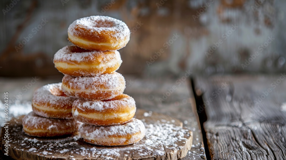 Poster A stack of powdered sugar donuts on a rustic wooden table, perfect for a cozy brunch setting.