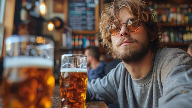 Football enthusiasts enjoying game on television while drinking beer at bar or pub