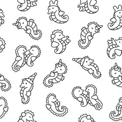 Cute kawaii seahorse. Seamless pattern. Coloring Page. Cartoon underwater animal characters. Hand drawn style. Vector drawing. Design ornaments.