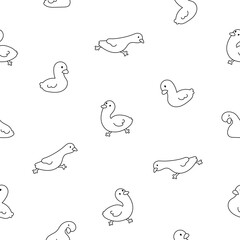 Cute kawaii goose. Seamless pattern. Coloring Page. Cartoon funny duck characters. Hand drawn style. Vector drawing. Design ornaments.