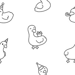 Cute kawaii goose. Seamless pattern. Coloring Page. Cartoon funny duck characters. Hand drawn style. Vector drawing. Design ornaments.