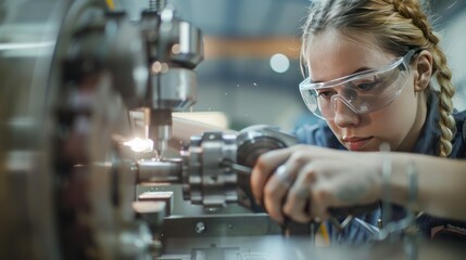 Fototapeta premium Woman worker wearing safety goggles control lathe machine to drill components. Metal lathe industrial manufacturing factory