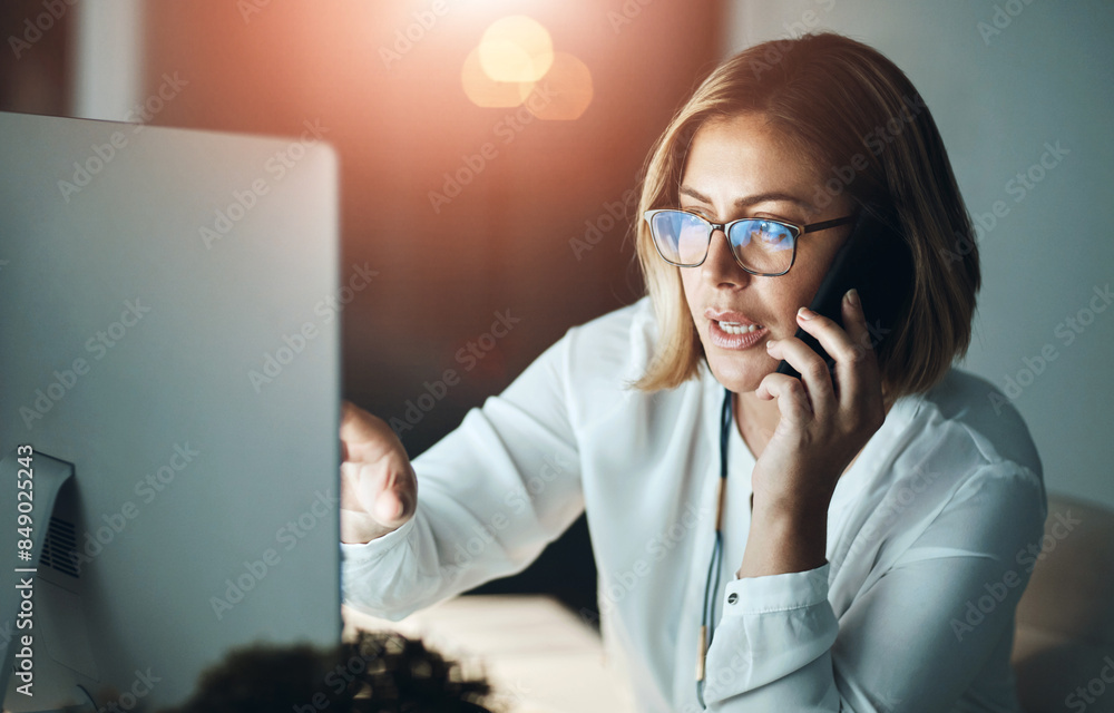 Aufkleber computer, night and phone call with business woman in office for design or web development. conversa