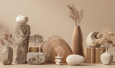 3d render of textured vases and rocks on beige background