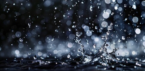 water droplets suspended in mid-air, caught in a moment of fluidity and elegance. The droplets form intricate patterns against a dark background, illuminated by soft, diffused light.