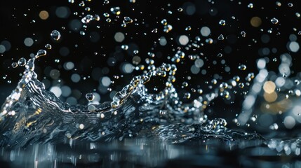 water droplets suspended in mid-air, caught in a moment of fluidity and elegance. The droplets form intricate patterns against a dark background, illuminated by soft, diffused light.
