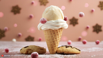 Cono de helado perfecto y cremoso sobre un fondo borroso en tonos neutros