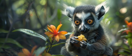 Fototapeta premium Lemur with a sorbet in a tropical forest