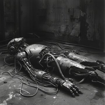 dismembered robotic arm lying discarded on a factory floor, wires and cables spilling out of torn metal casings. The monochromatic palette adds to the industrial aesthetic. 
