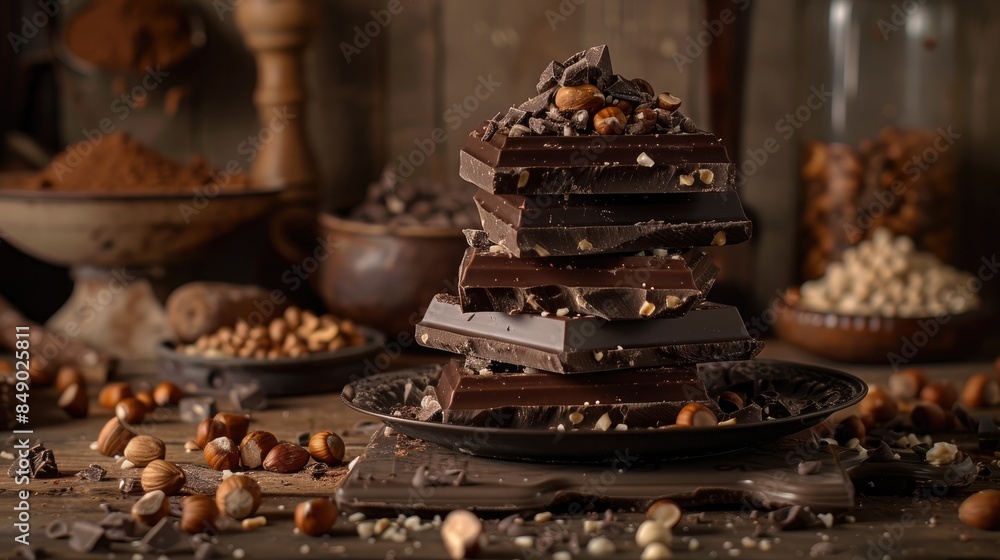Poster chocolate bars and a chocolate tower displayed on a table with a mixture of nuts and swirls of choco
