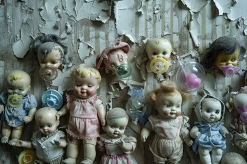 Fototapeta premium A grotesque collage of mutilated dolls and pacifiers, arranged in a macabre display against a backdrop of peeling wallpaper. The colors are faded and washed out, adding to the overall sense of decay 