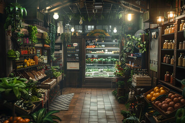 A bustling grocery store with aisles filled with a variety of fresh produce, packaged goods, and household items, featuring shoppers with carts, neatly arranged shelves, and a vibrant 