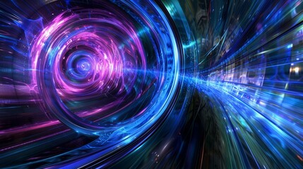 Obraz premium synchrotron radiation emitting from a particle accelerator, resembling a celestial dance of light. The vibrant hues of blue, purple, and green intertwine, creating a symphony of colors