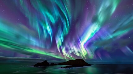 Aurora Australis as it dances across the night sky above the Kerguelen Islands. The photograph showcases ribbons of green and purple light swirling and undulating against the backdrop of stars.