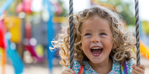 Joyful girl with curly blonde hair laughing on a swing in a colorful playground.