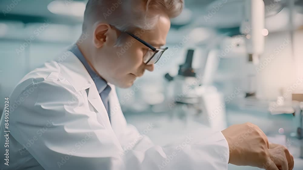 Poster scientist working with microscope in lab generative ai