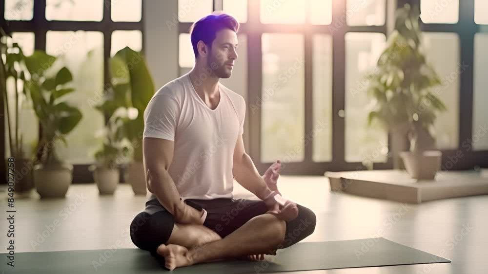 Poster man meditating in modern studio generative ai