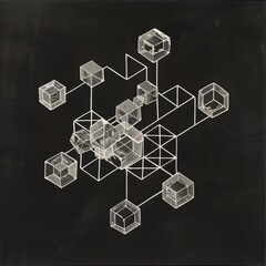 Fototapeta premium A minimalist depiction of calcium atomic structure, resembling delicate crystal formations against a stark black background. The crystals are composed of geometric shapes, emphasizing the element
