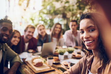 Happy woman, friends and selfie at coffee shop for portrait, smile and memory in Paris. Reunion, adventure and people at restaurant for travel, photography and social media update or celebration