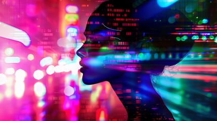 woman figure illuminated by a neon spotlight against a backdrop of city lights. The electrifying atmosphere and vibrant colors evoke the pulsating energy of nightlife