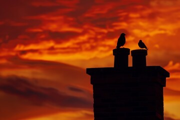 Silhouettes of two birds perched on top of chimneys against the backdrop of an orange and red sunset sky. The silhouette of one bird is visible, while another creature sits motionless in front of it.