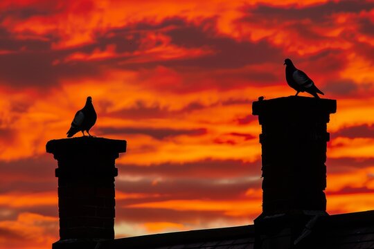 Silhouettes of two birds perched on top of chimneys against the backdrop of an orange and red sunset sky. The silhouette of one bird is visible, while another creature sits motionless in front of it. - Powered by Adobe