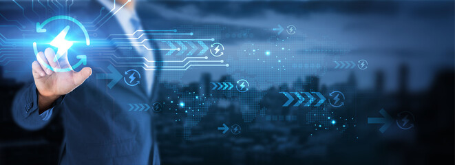 Hand touching global network connection on energy recycle, technology, and futuristic innovations. Connecting dots worldwide, integrating sustainable practices, and advancing towards.