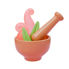 3d render illustration of mortar and pestle, green leaves and glowing smoke. Magic herbs. 3d illustration design for web site mobile app or brand