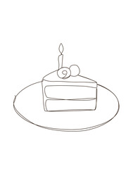 Line art of slice of birthday cake with candle on plate. anniversary party celebrate cafe restuarant