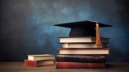 Graduation hat and stack of study books with copy space