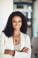 Crossed arms, portrait and business woman in office with positive attitude for legal attorney career. Smile, confident and female advocate from Colombia with pride for corporate law job in workplace.