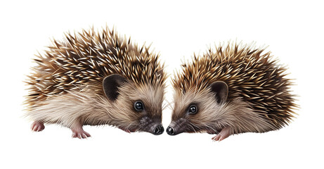 Two adorable hedgehogs snuggling together, showcasing their spiky quills and cute faces. Perfect for nature and wildlife enthusiasts.
