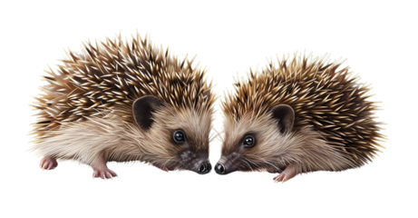 Two adorable hedgehogs snuggling together, showcasing their spiky quills and cute faces. Perfect for nature and wildlife enthusiasts.