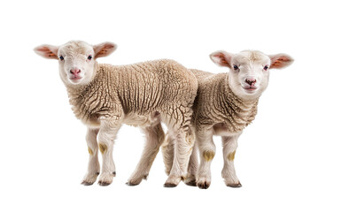 Fototapeta premium Two adorable lambs standing together, isolated on a white background. Perfect for themes related to nature, farming, and springtime.