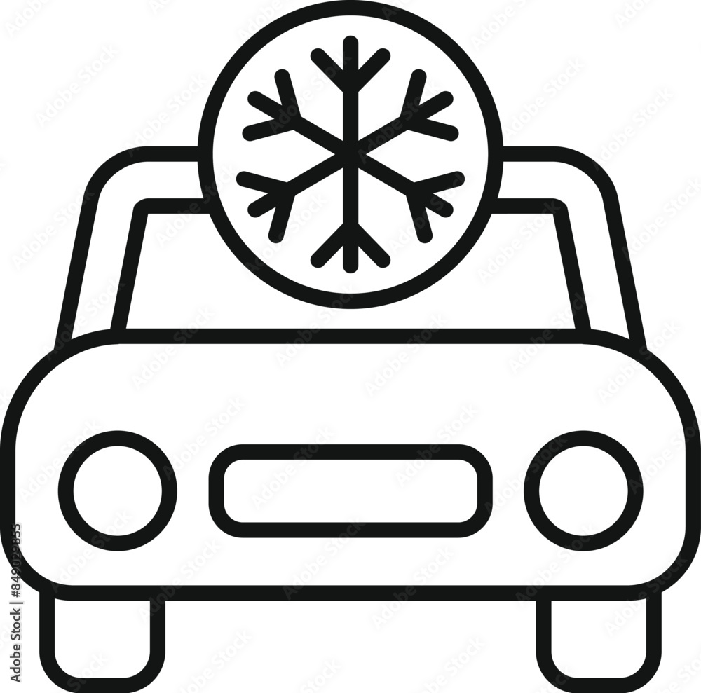 Poster simple line drawing of a car with a snowflake symbol, representing a frozen engine during winter