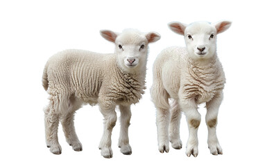 Fototapeta premium Two cute lambs standing together on a white background, showcasing their fluffy coats and curious expressions.